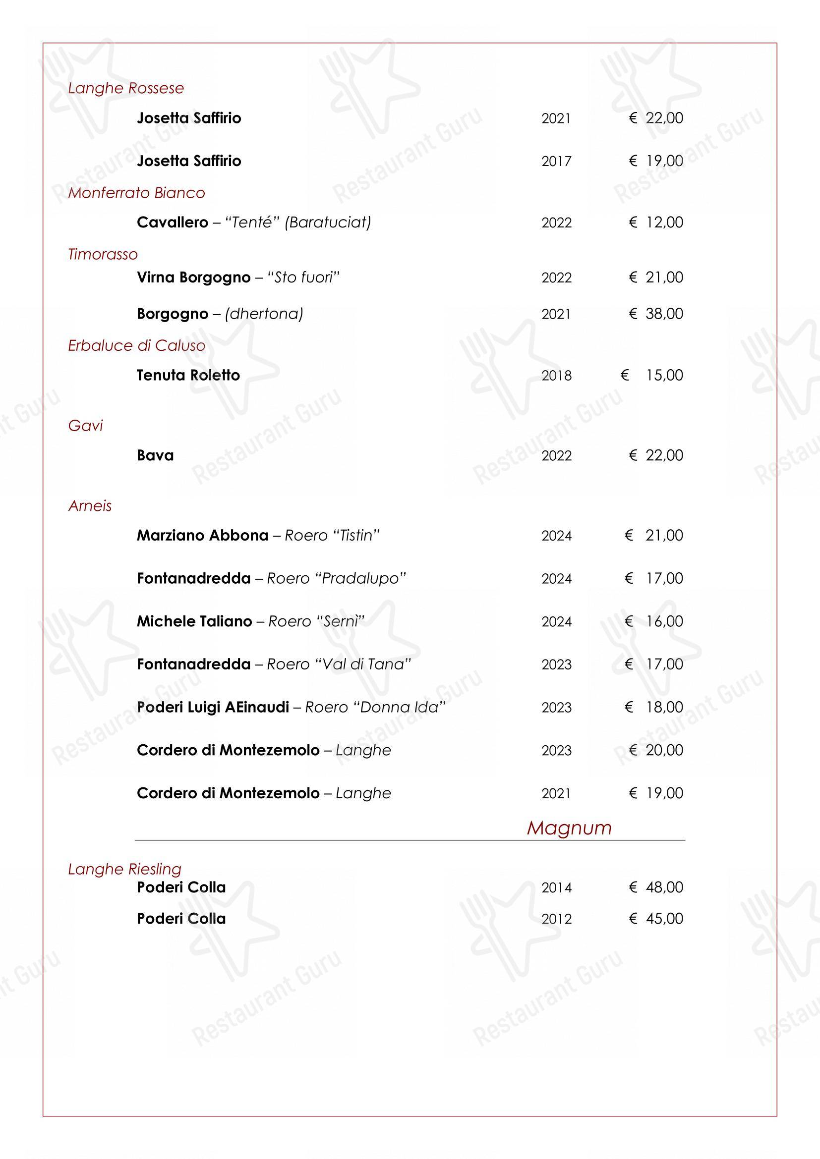 Menu bar per Trattoria Salvetti in Paroldo