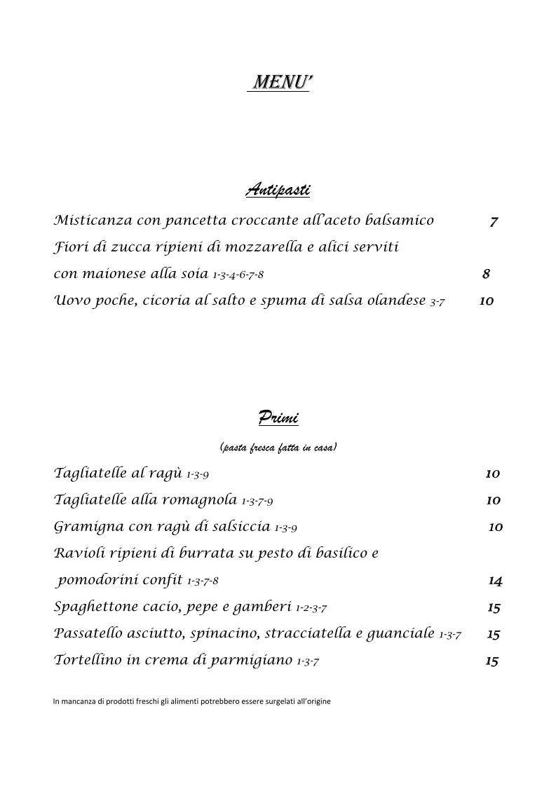 Menu di Trattoria Siro 
