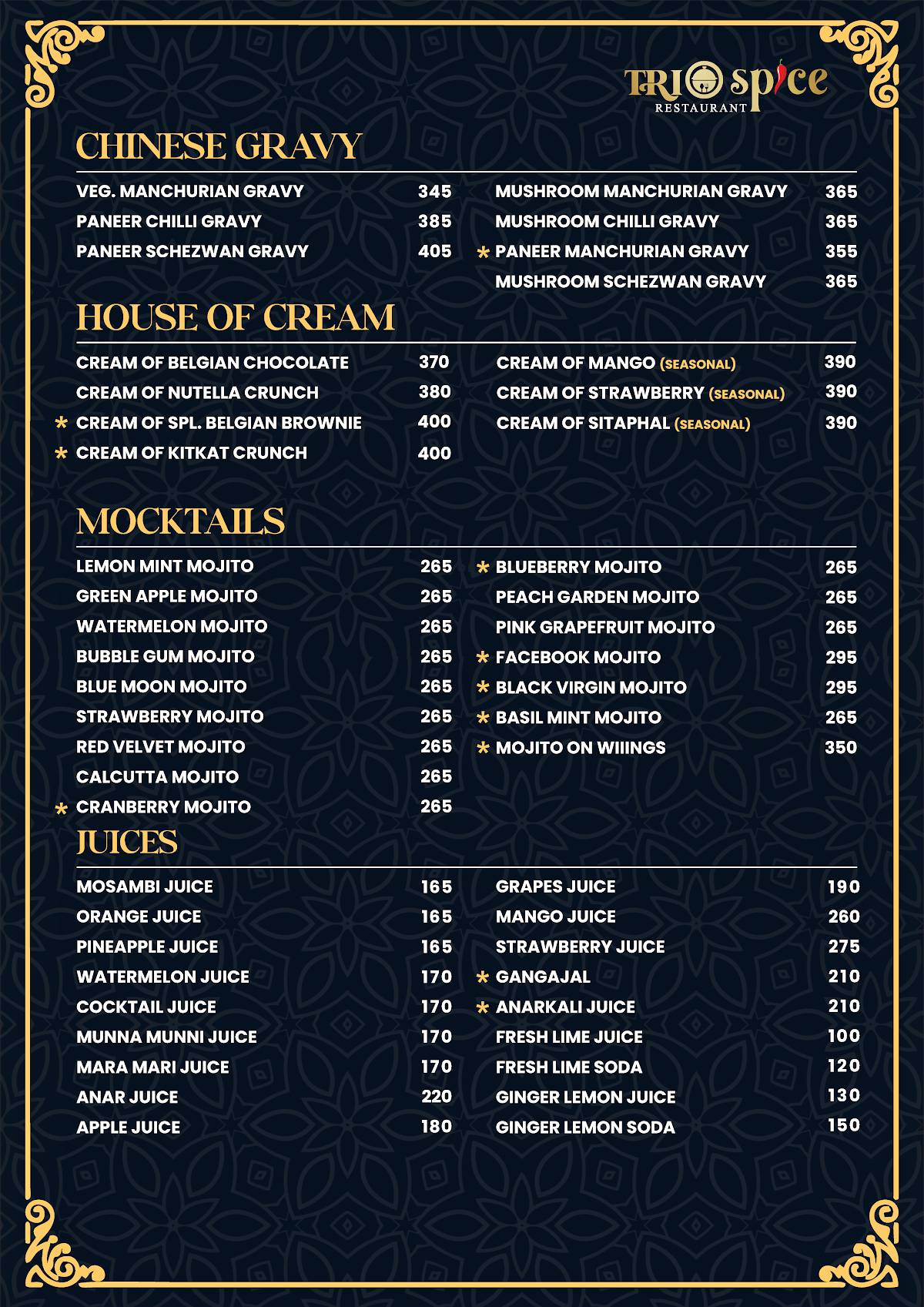 Trio Spice Restaurant (Roof Top) menu