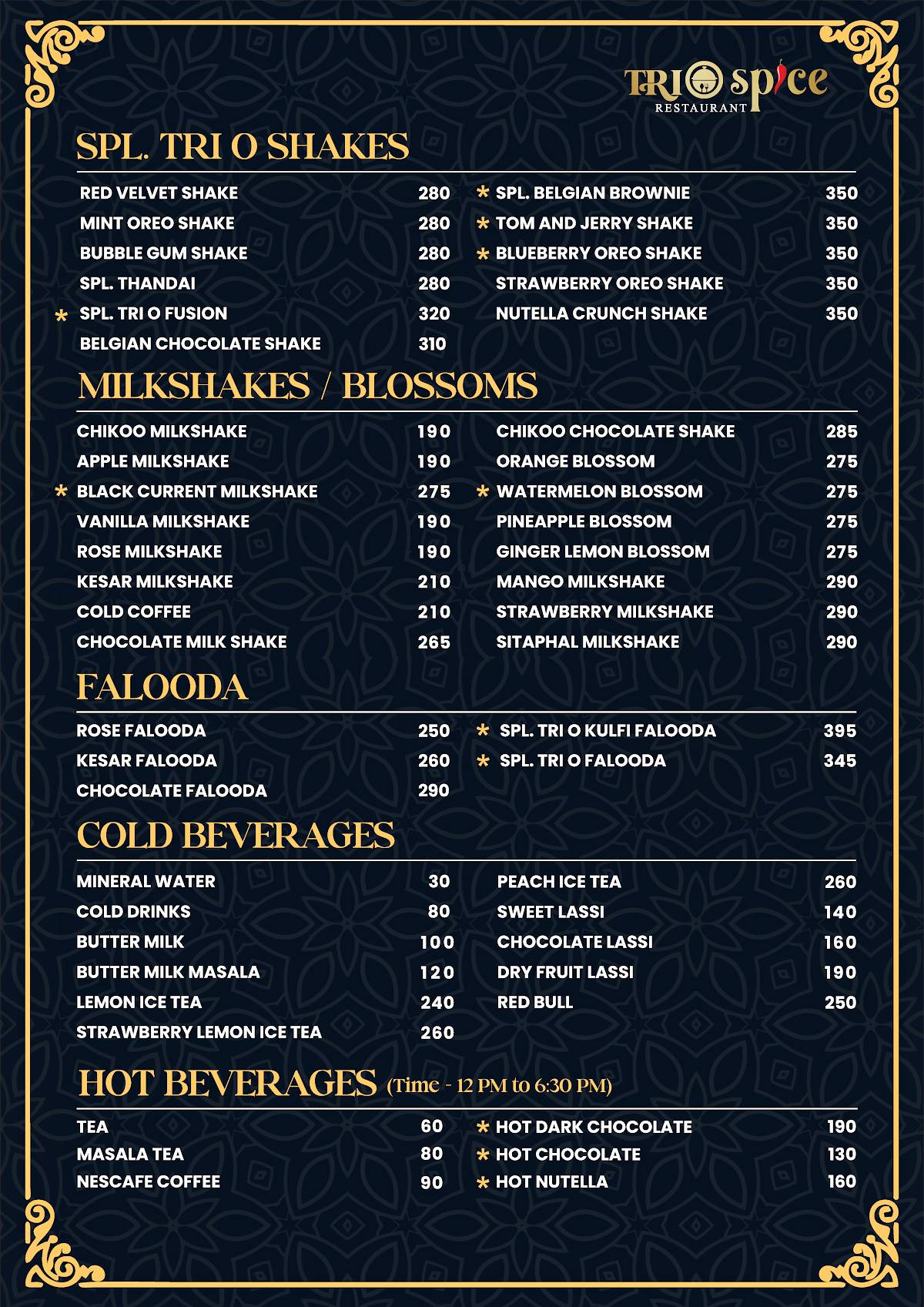 Trio Spice Restaurant (Roof Top) menu