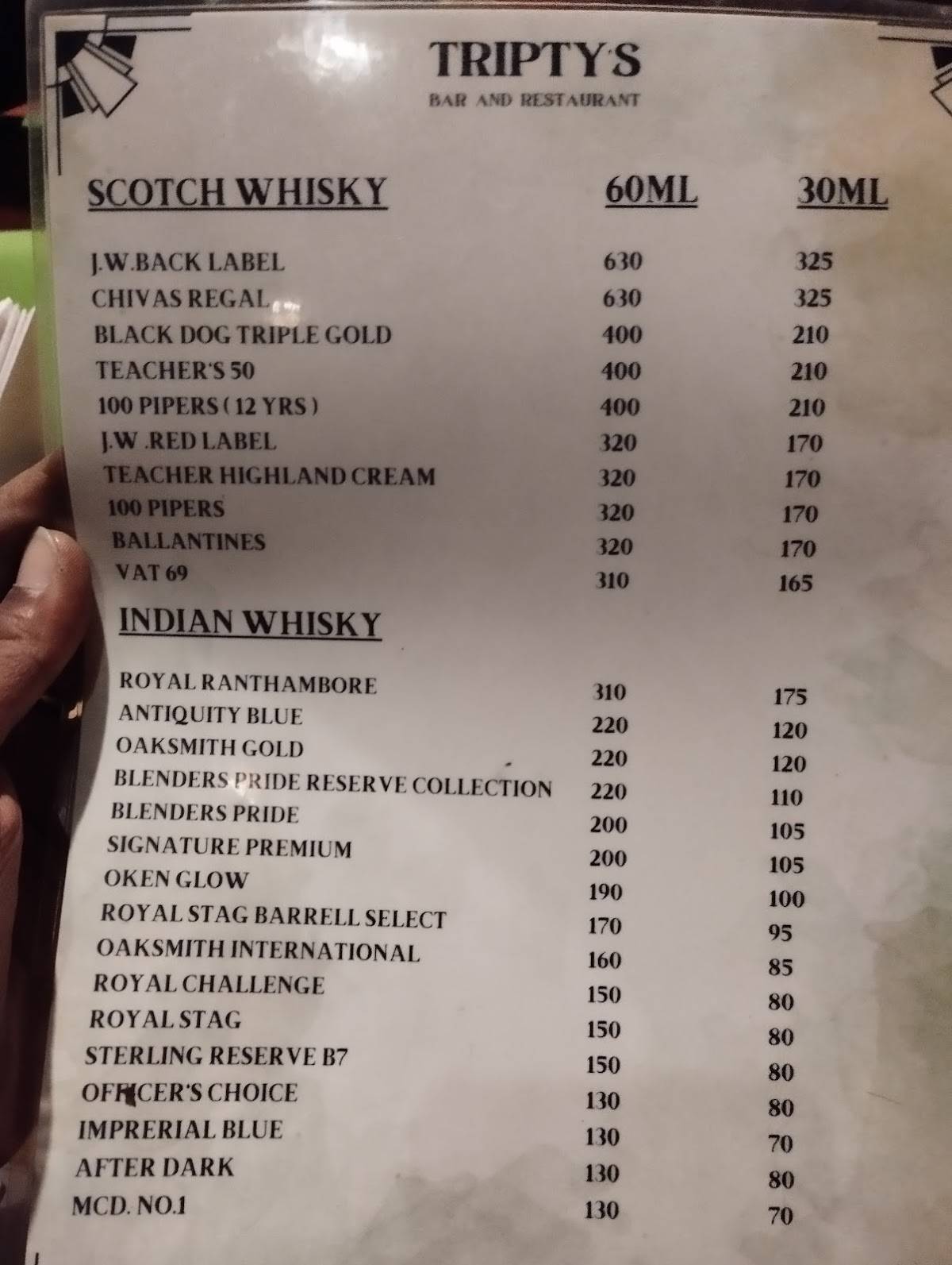 Tripty's Bar and Restaurant menu