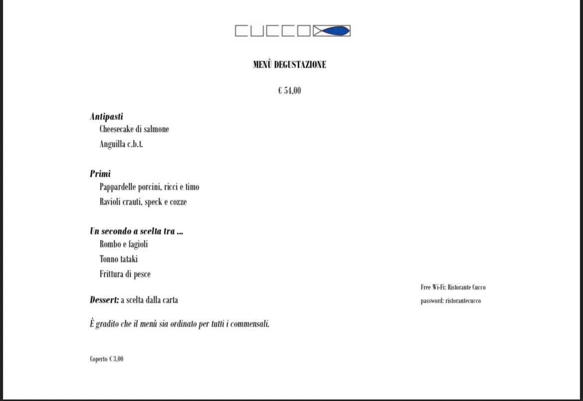 Menu di Ristorante Cucco - Pesce e Frutti di mare 
