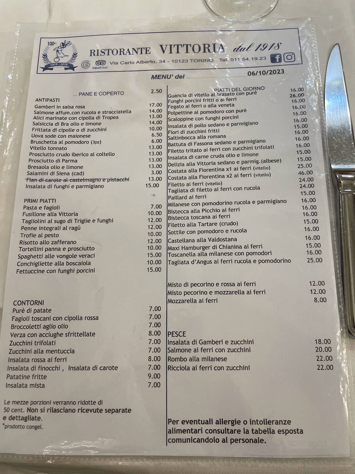 Menu di Ristorante Vittoria dal 1918 