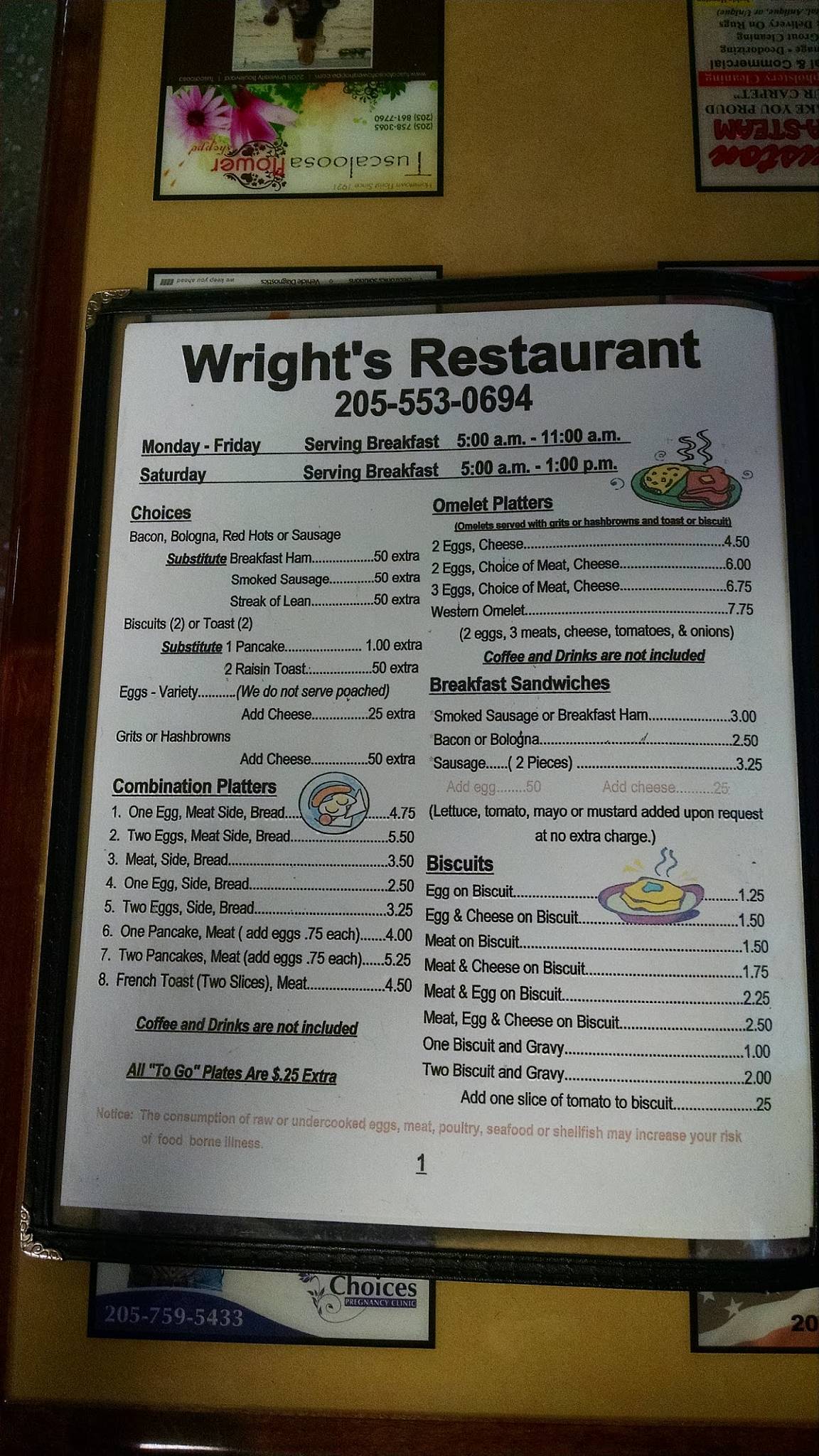 Menu at Wright's Restaurant, Tuscaloosa
