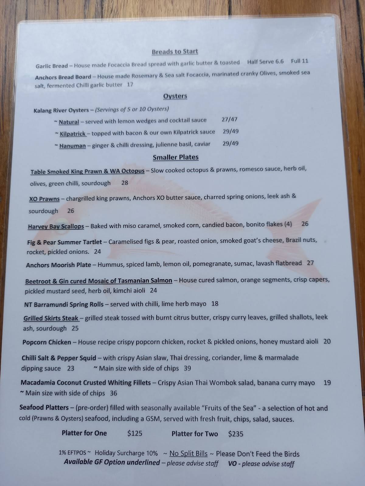 Menu at Anchors Wharf Cafe & Restaurant, Urunga