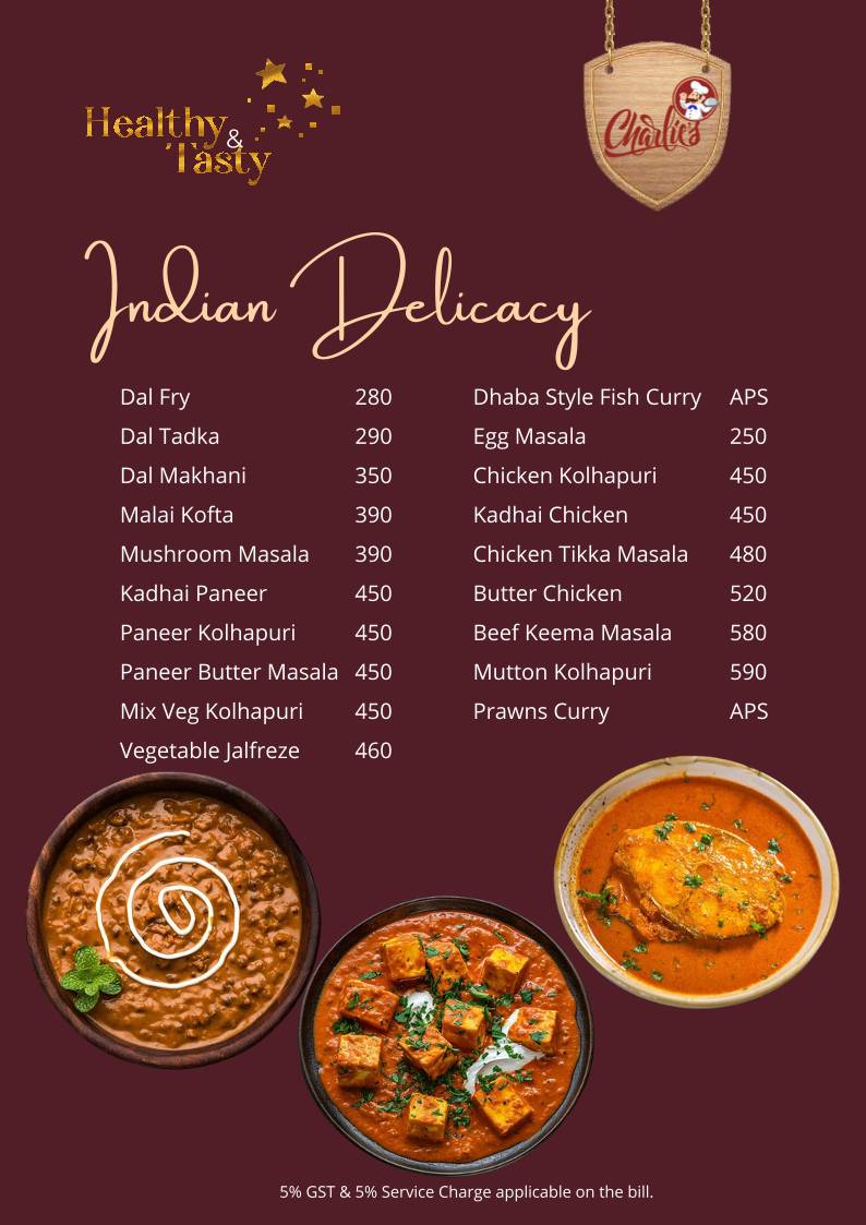 Charlie's Restaurant and Bar Restaurant in Vagator menu