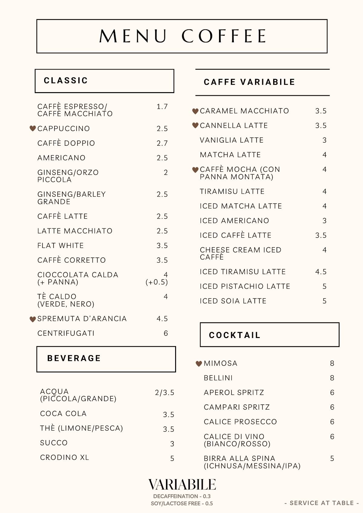 Menu di Variabile Drink & Food 