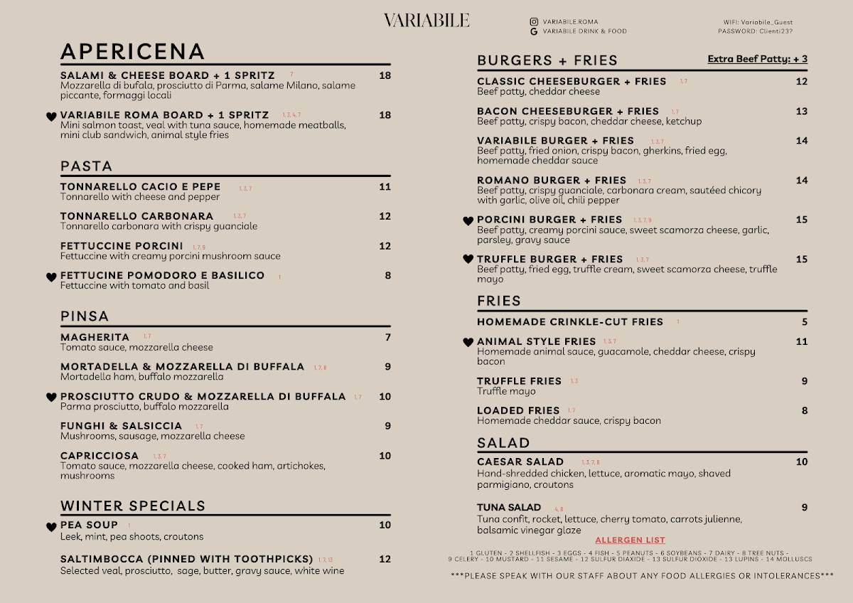 Menu di Variabile Drink & Food 