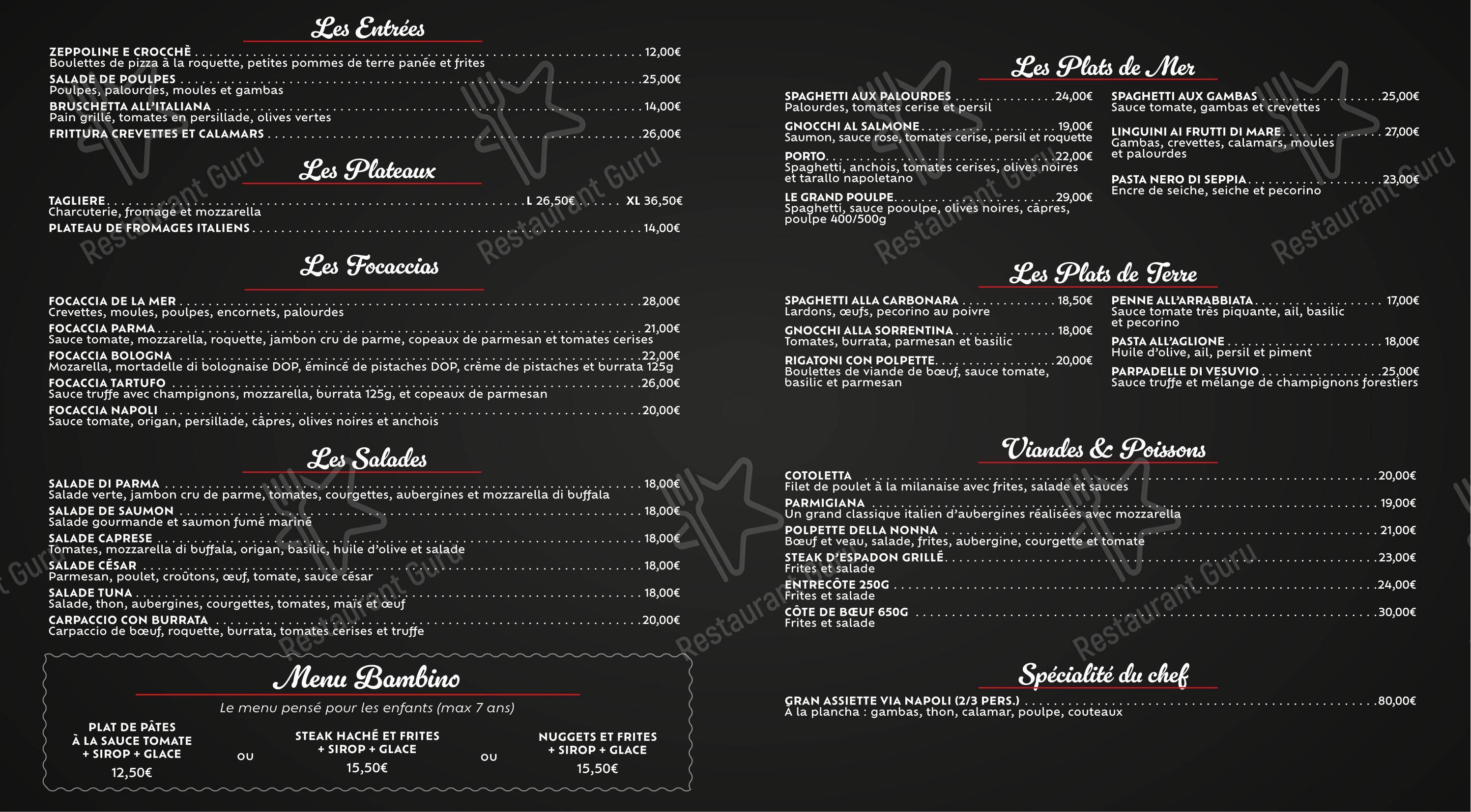 Menu pour Via Napoli restaurant
