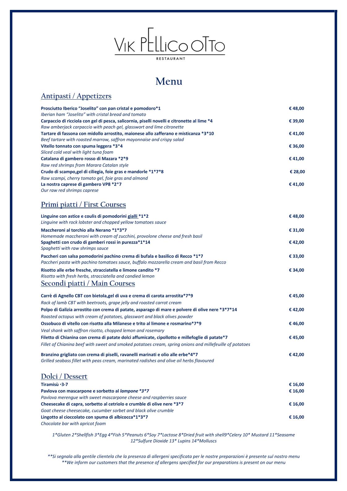 Menu di Vik Pellico Otto Restaurant 
