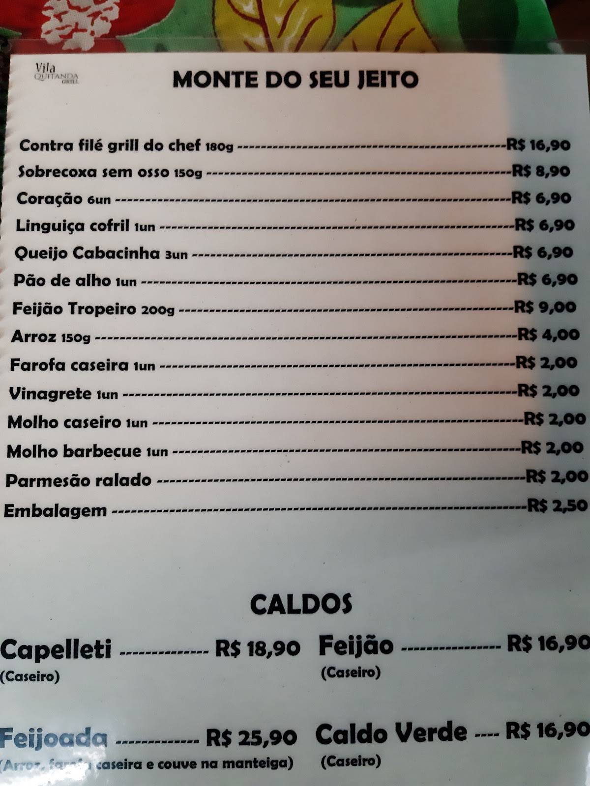 Vila Quitanda cardápio