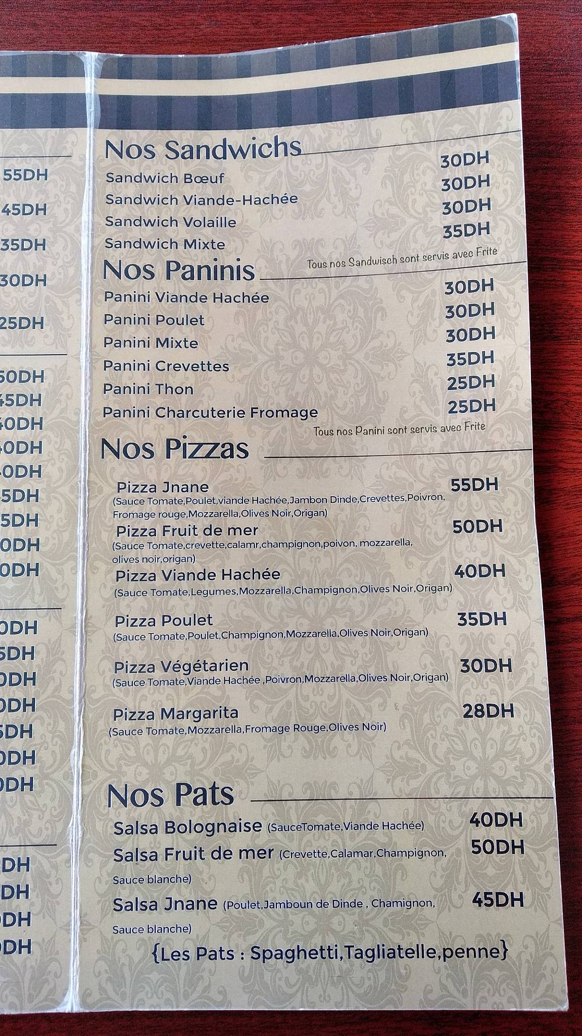 Menu de Villa Jnane