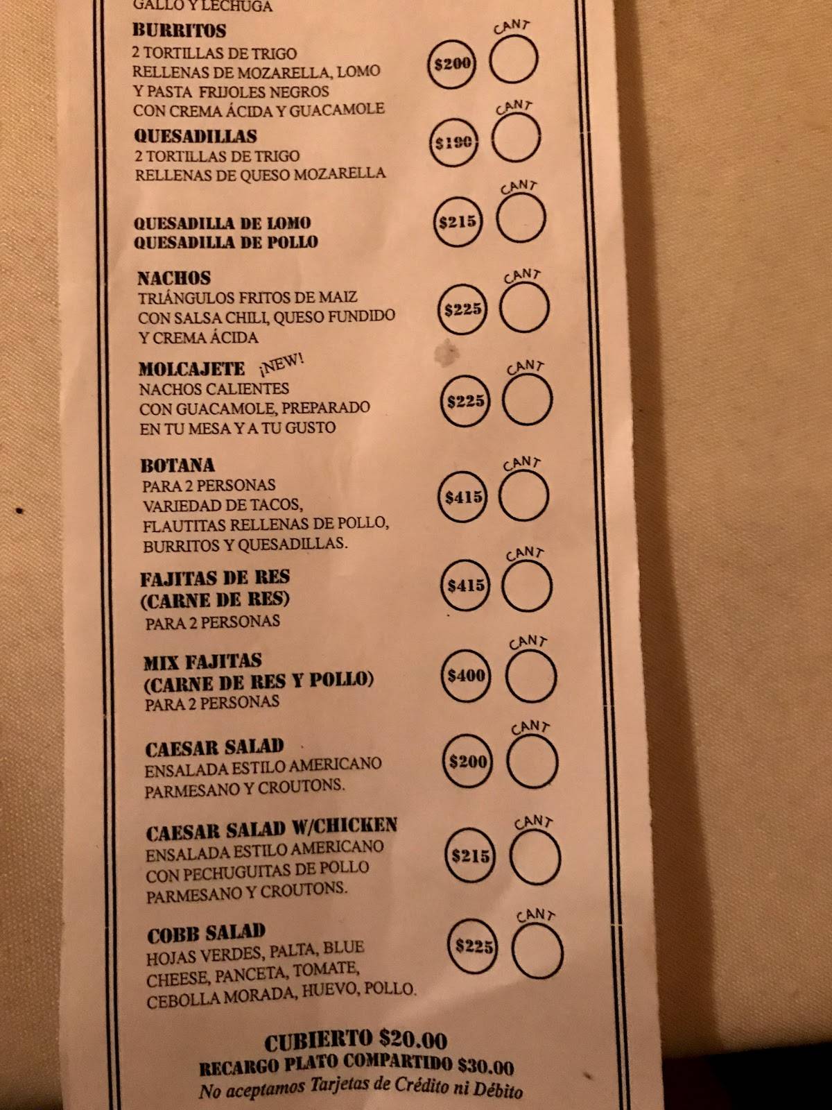 Carta del restaurante Taco Box, Pilar