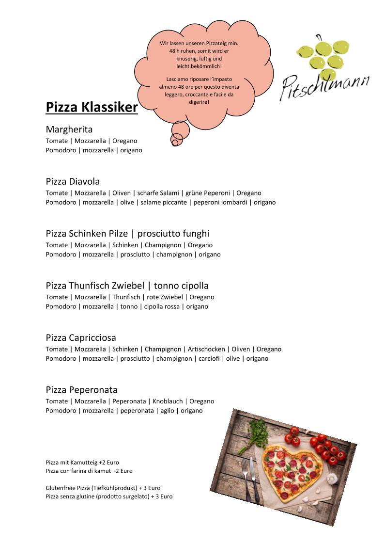Menu di Ristorante appartamenti Pitschlmann 