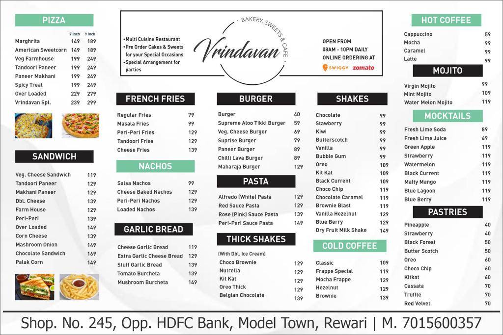 Vrindavan bakery, sweets & cafe menu