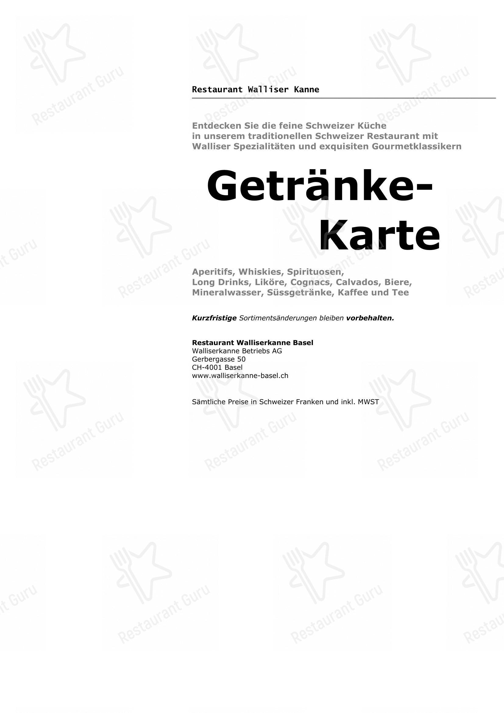 Menu per Walliser Kanne pub & bar