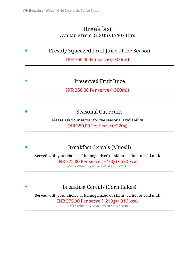 WelcomCafe, Jacaranda menu