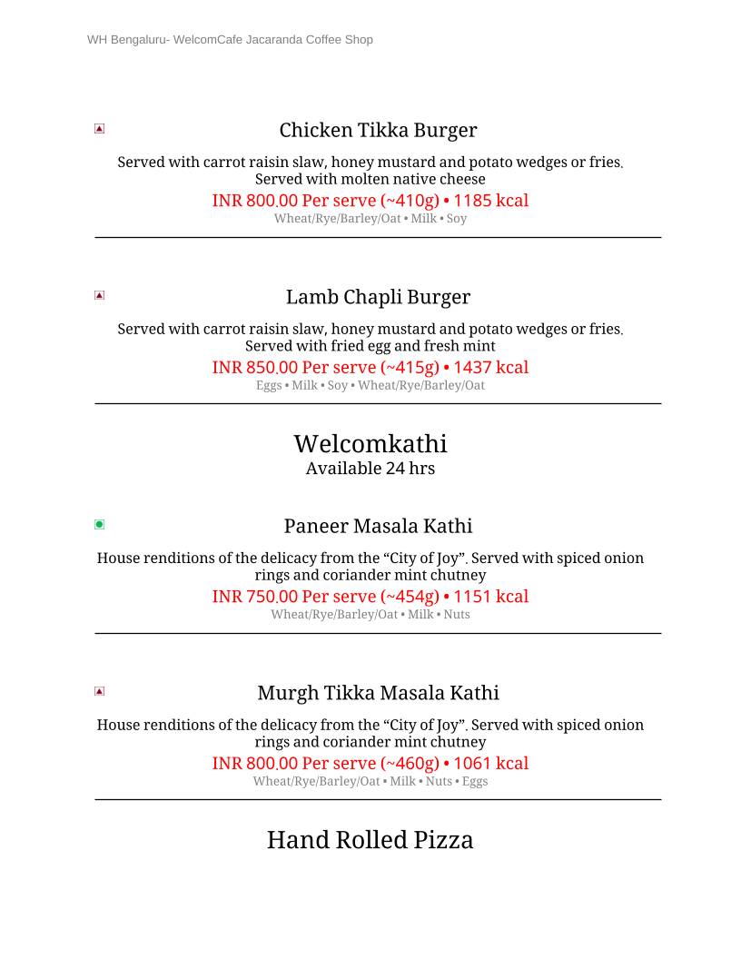 WelcomCafe, Jacaranda menu