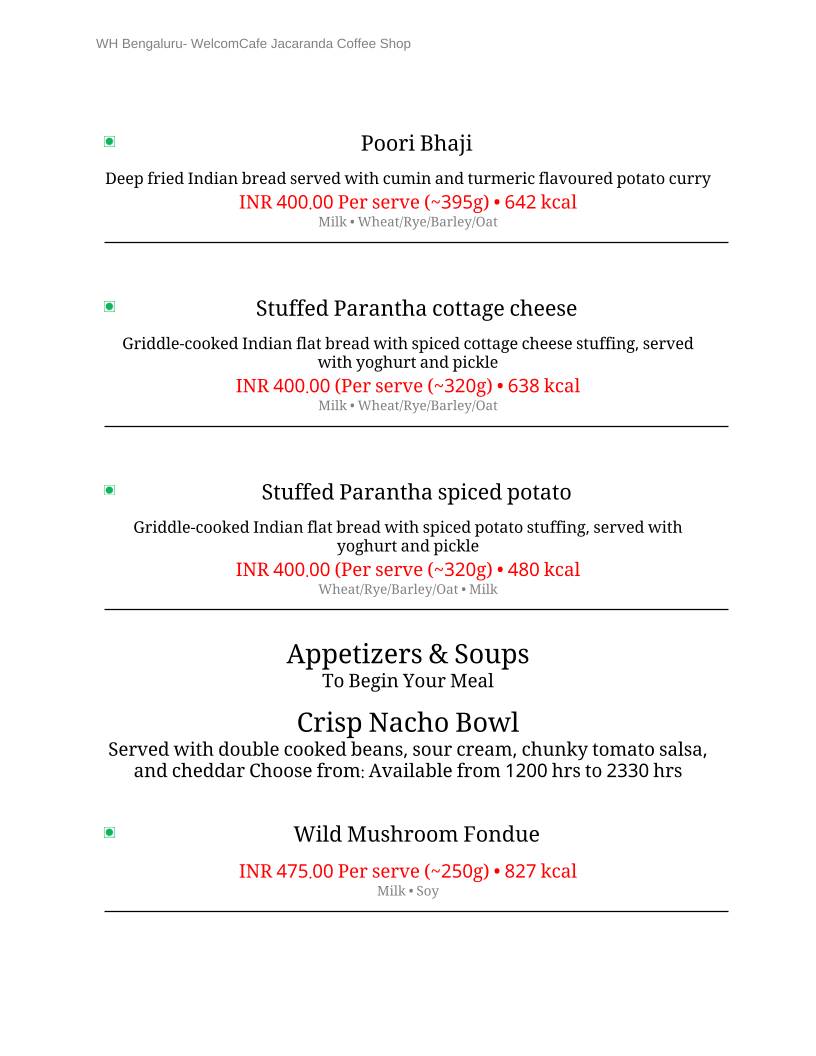 WelcomCafe, Jacaranda menu