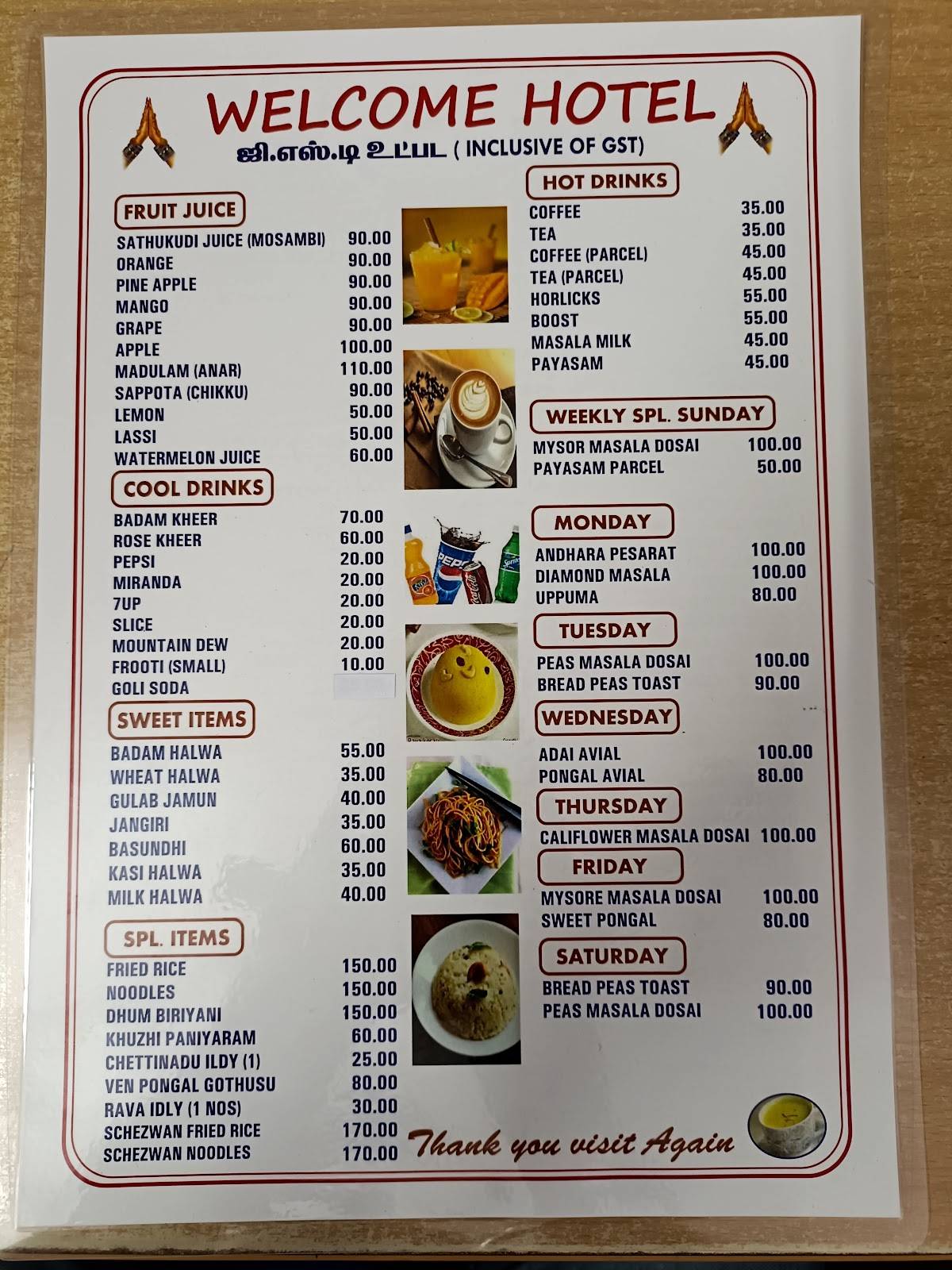 Welcome Hotel menu