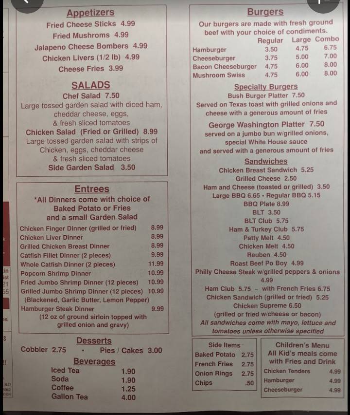 Menu at White House Restaurant, Warrior