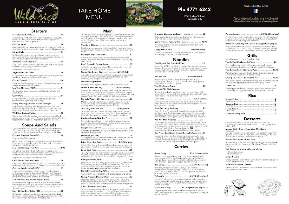 Menu at Wild Rice Laos & Thai Cuisine restaurant, South Townsville