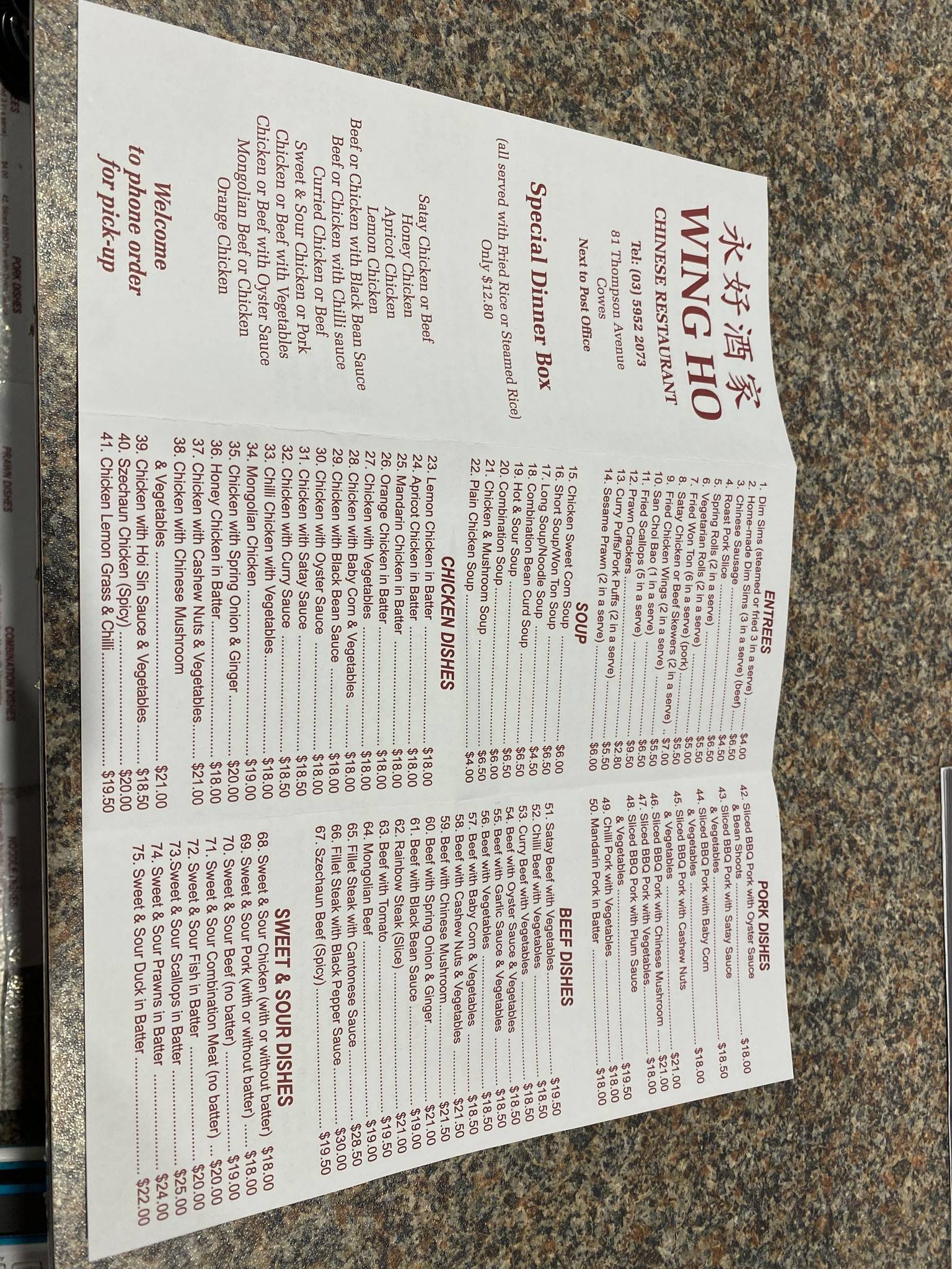 Menu at Wing Ho Chinese Restaurant, Cowes