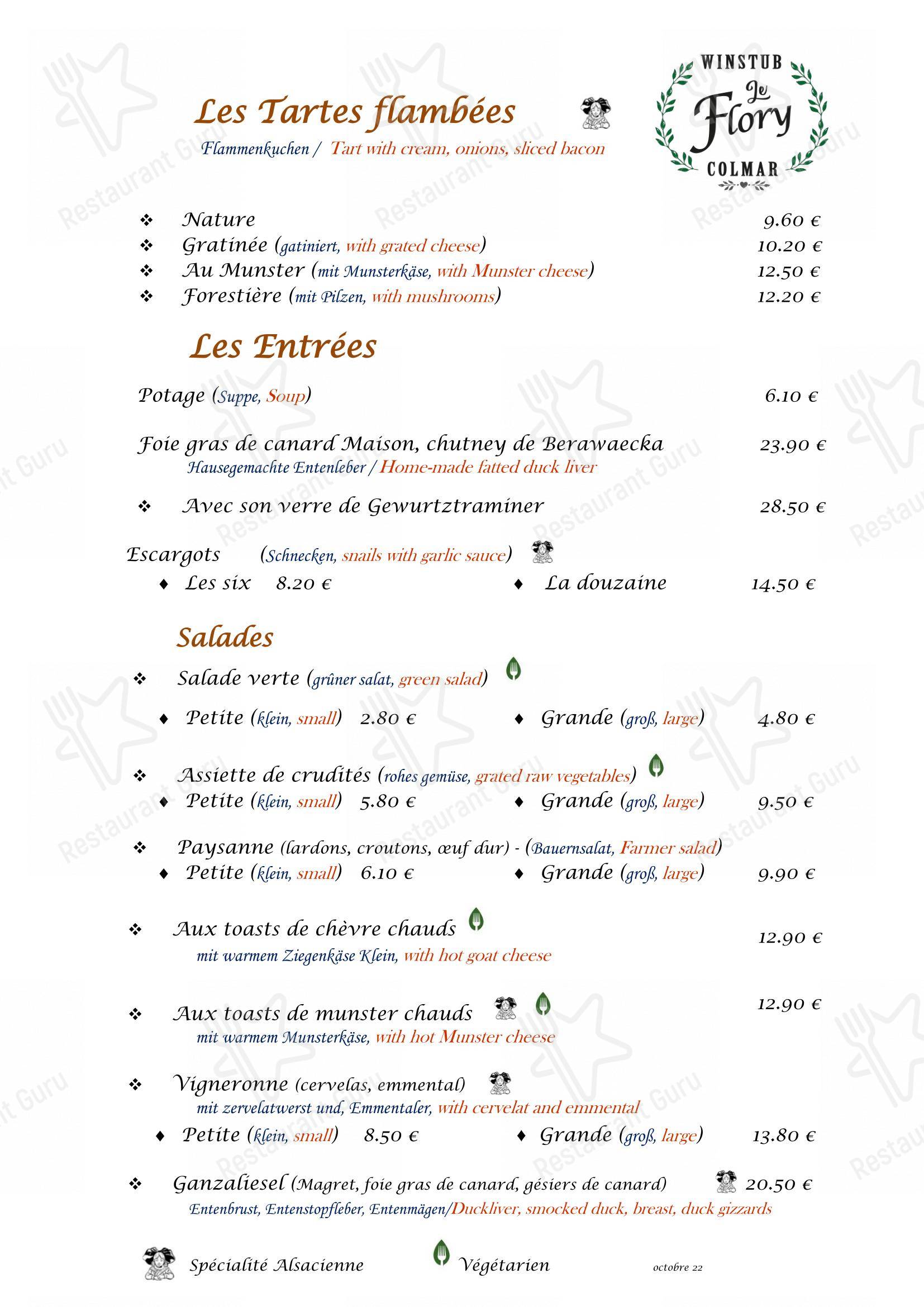 Menu pour Restaurant Winstub Flory - Menu