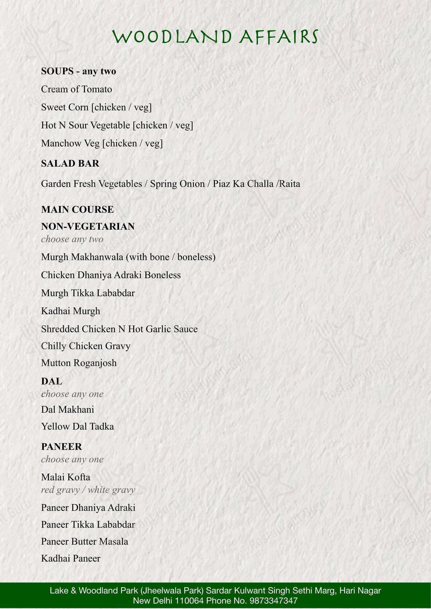 Menu for the Woodland Affairs restaurant