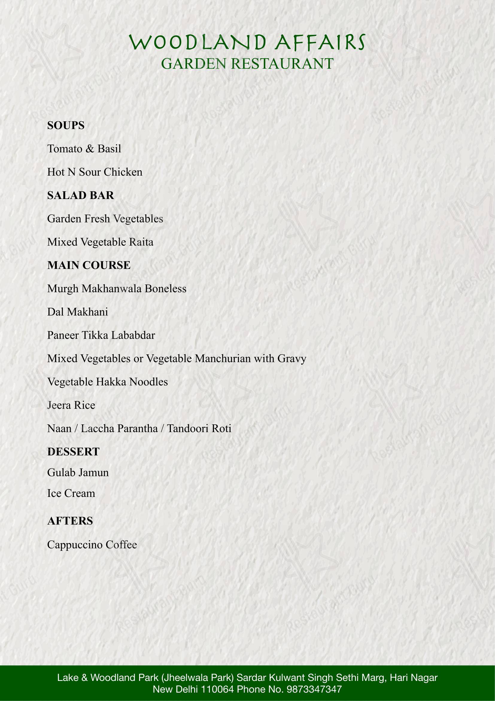 Крафт меню for the Woodland Affairs restaurant