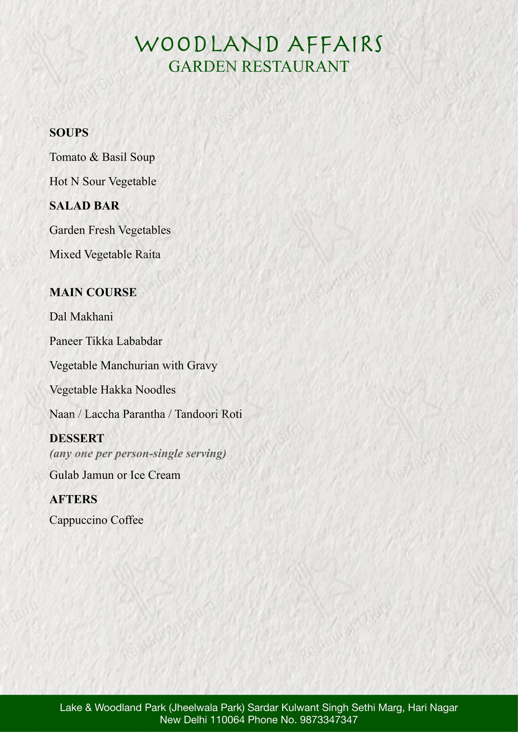 Menu bar for the Woodland Affairs restaurant