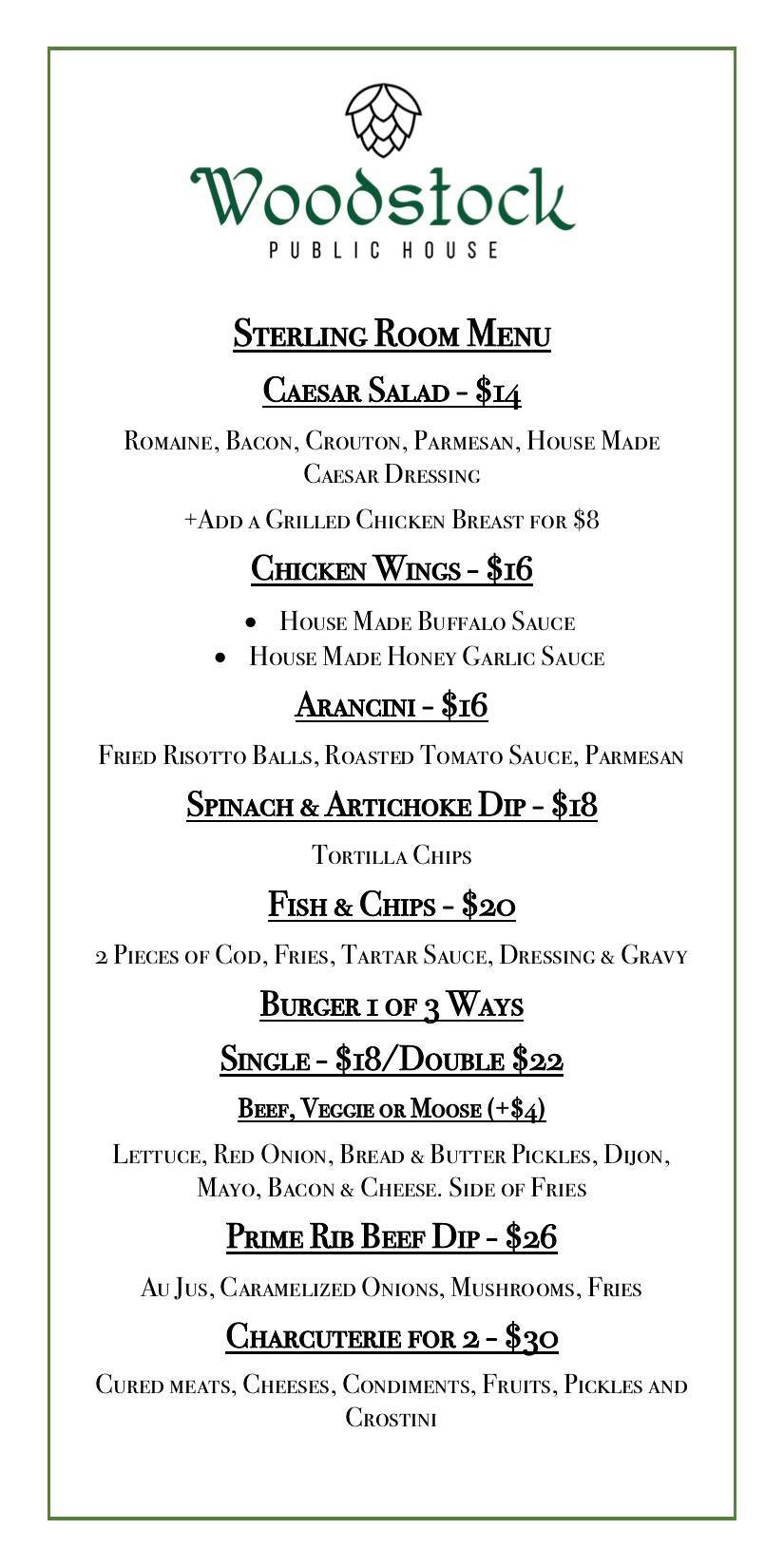 Menu at Woodstock Public House, Paradise
