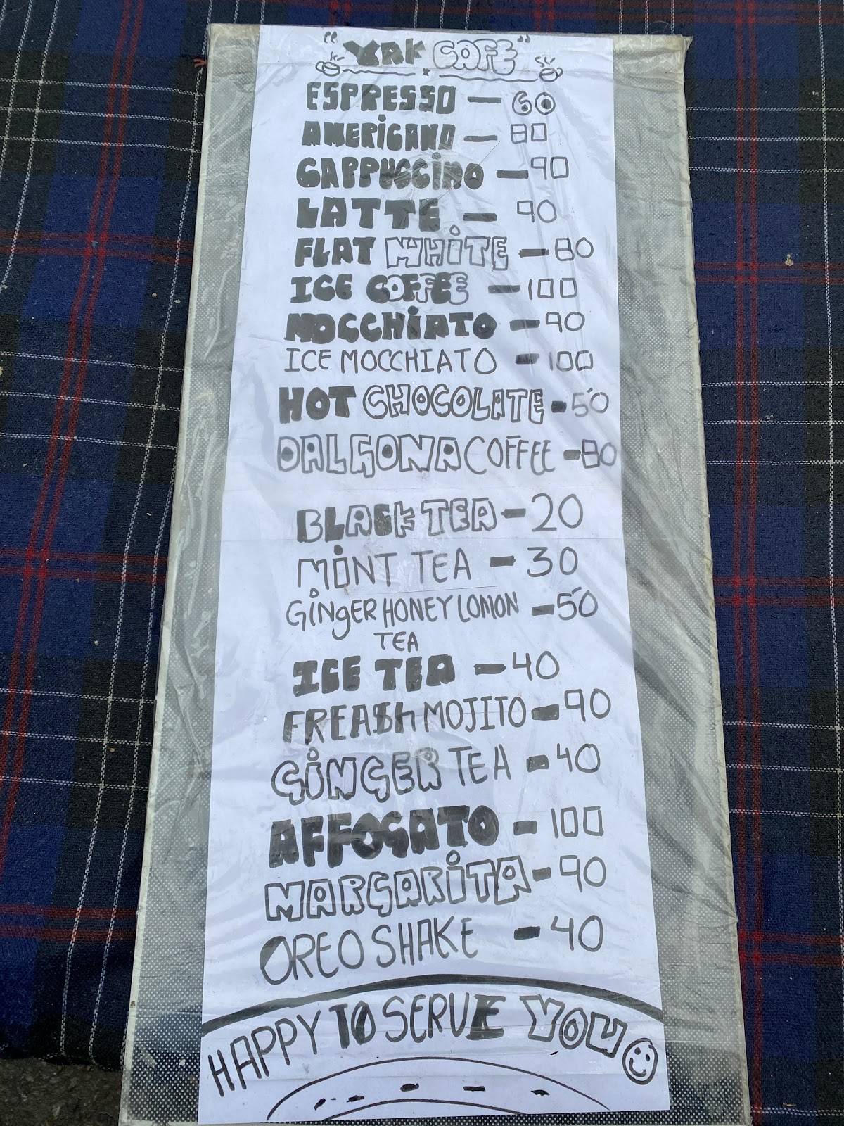 YAK Cafe menu