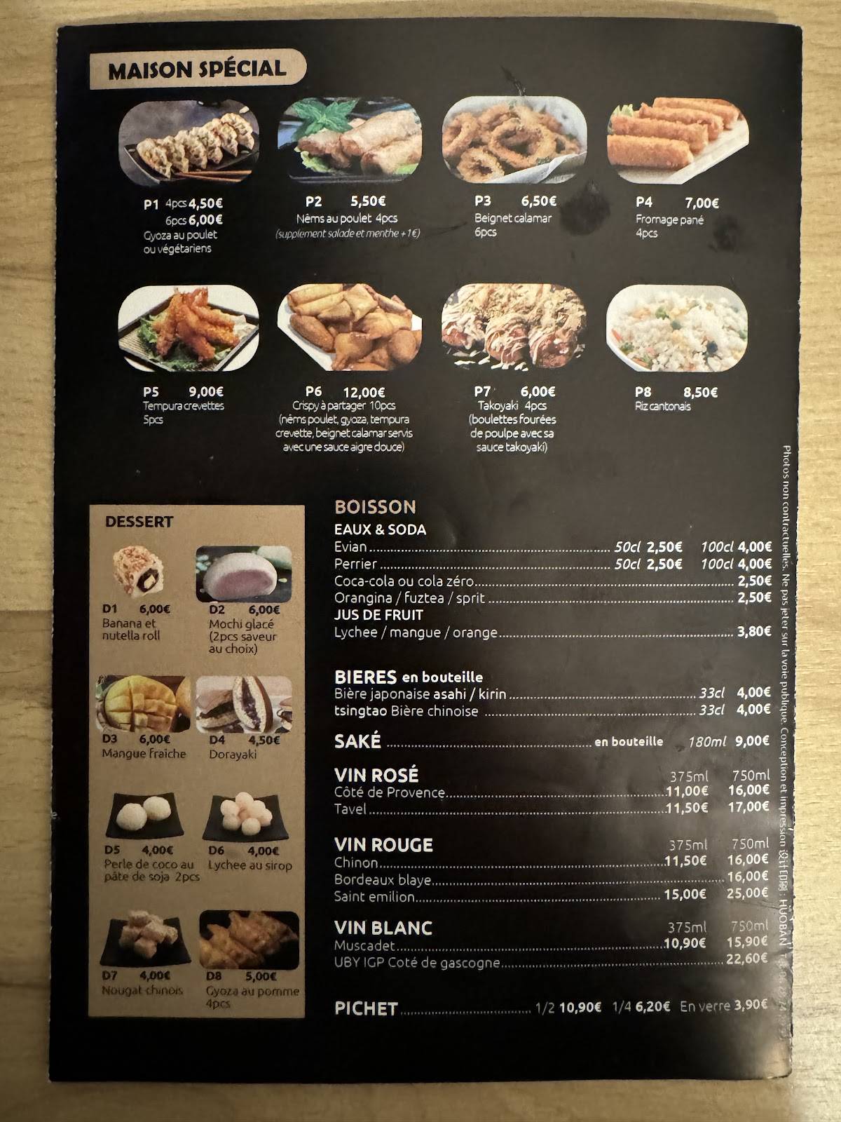 Menu de Yamato La Rochelle