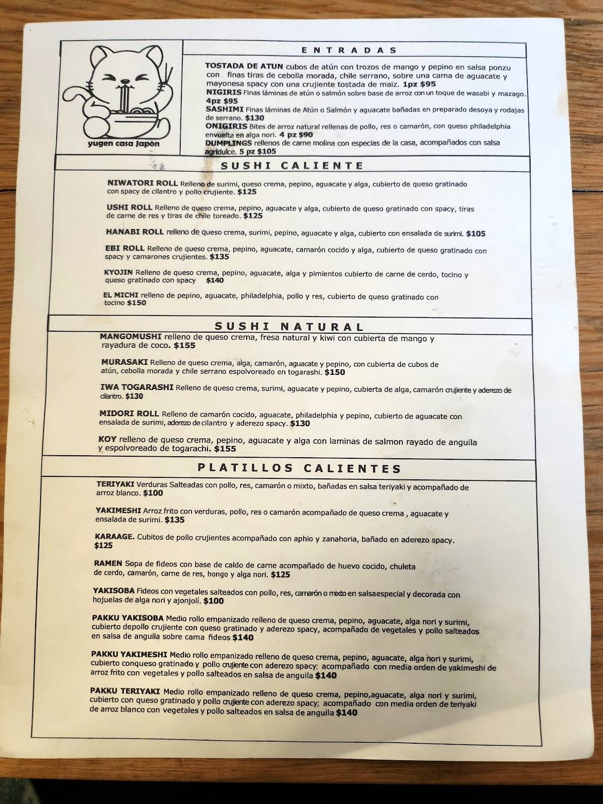 Carta del restaurante Yugen casa Japón, Los Mochis