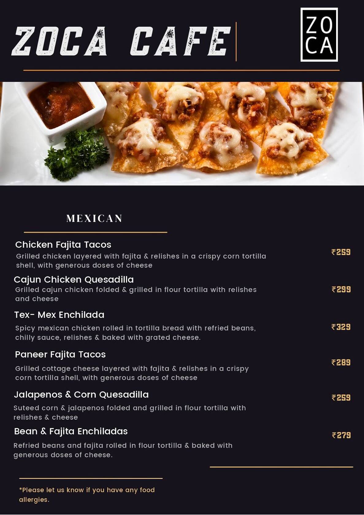 Zoca Panipat cafe menu