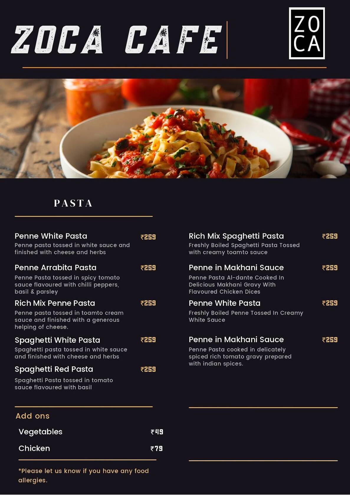 Zoca Panipat cafe menu