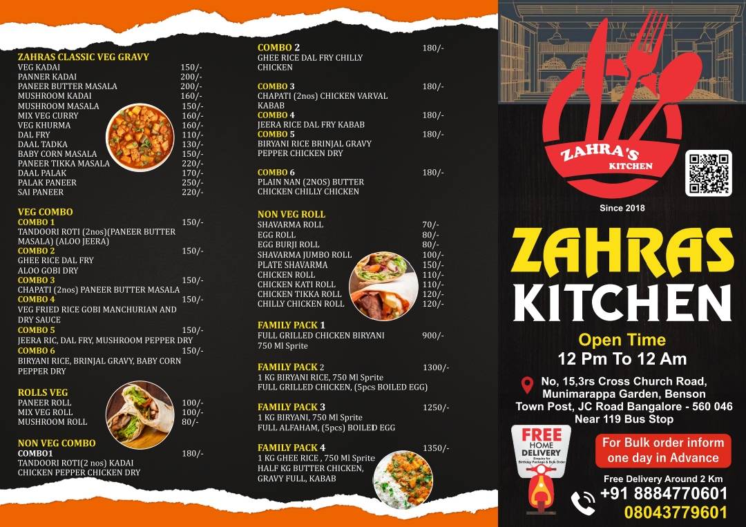 Zahra's kitchen menu