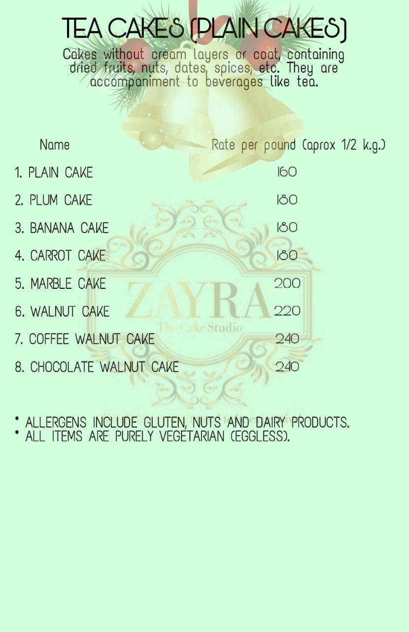 Zayra - The Cake Studio menu