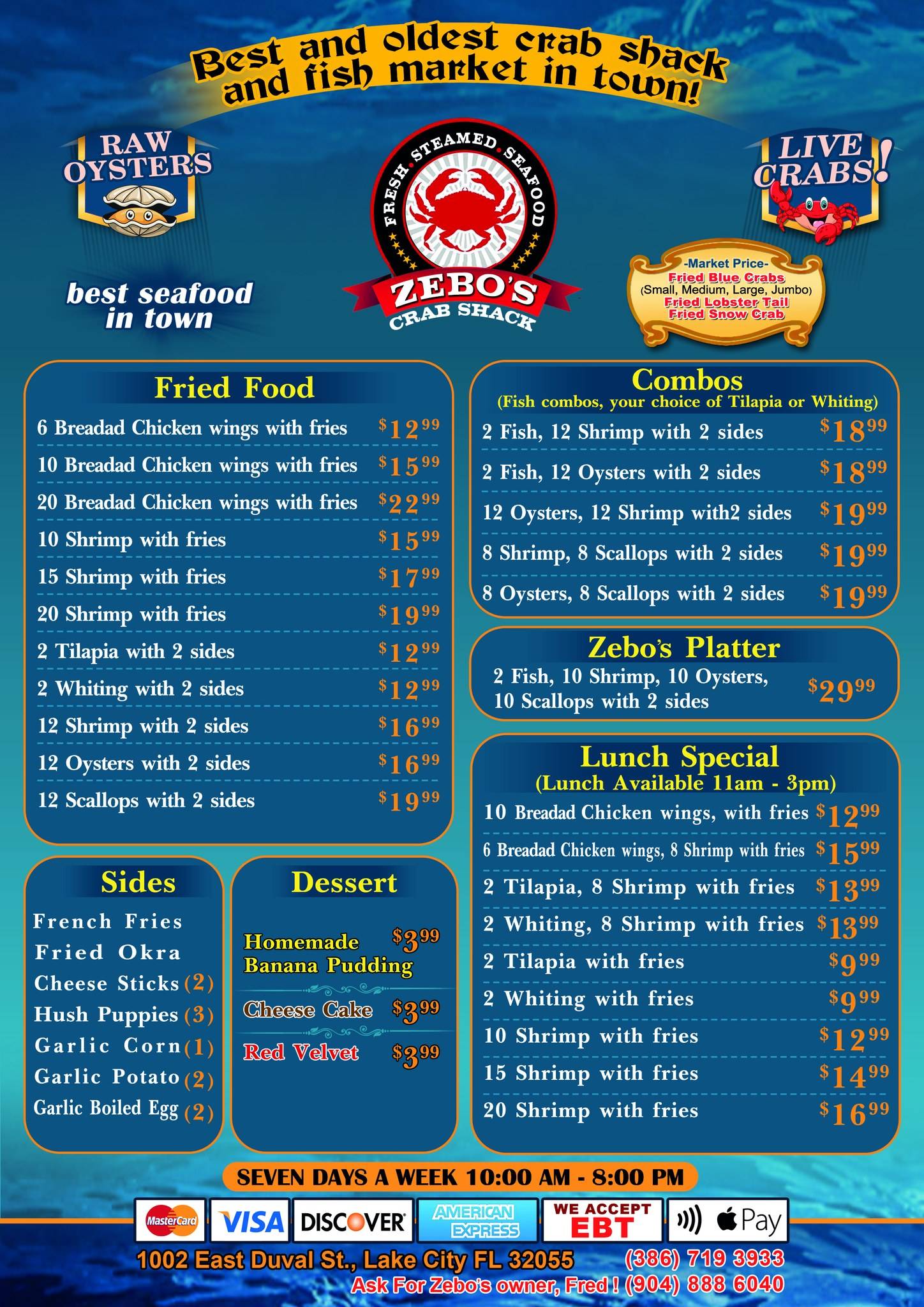 Menu at Zebo's Crab Shack restaurant, Lake City