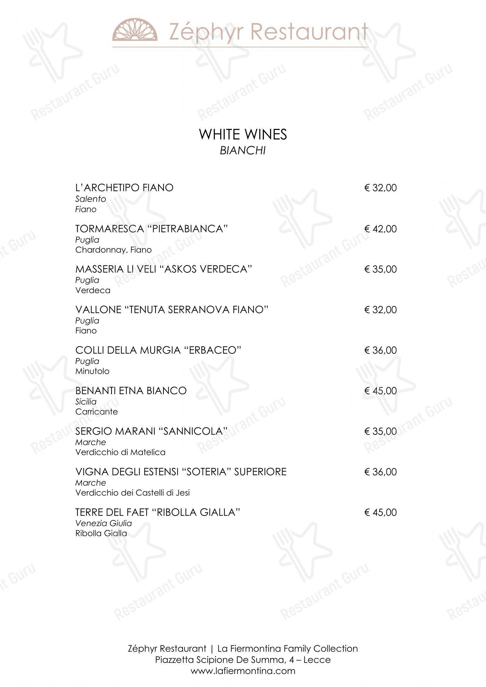 Menu per Zéphyr Restaurant in Lecce