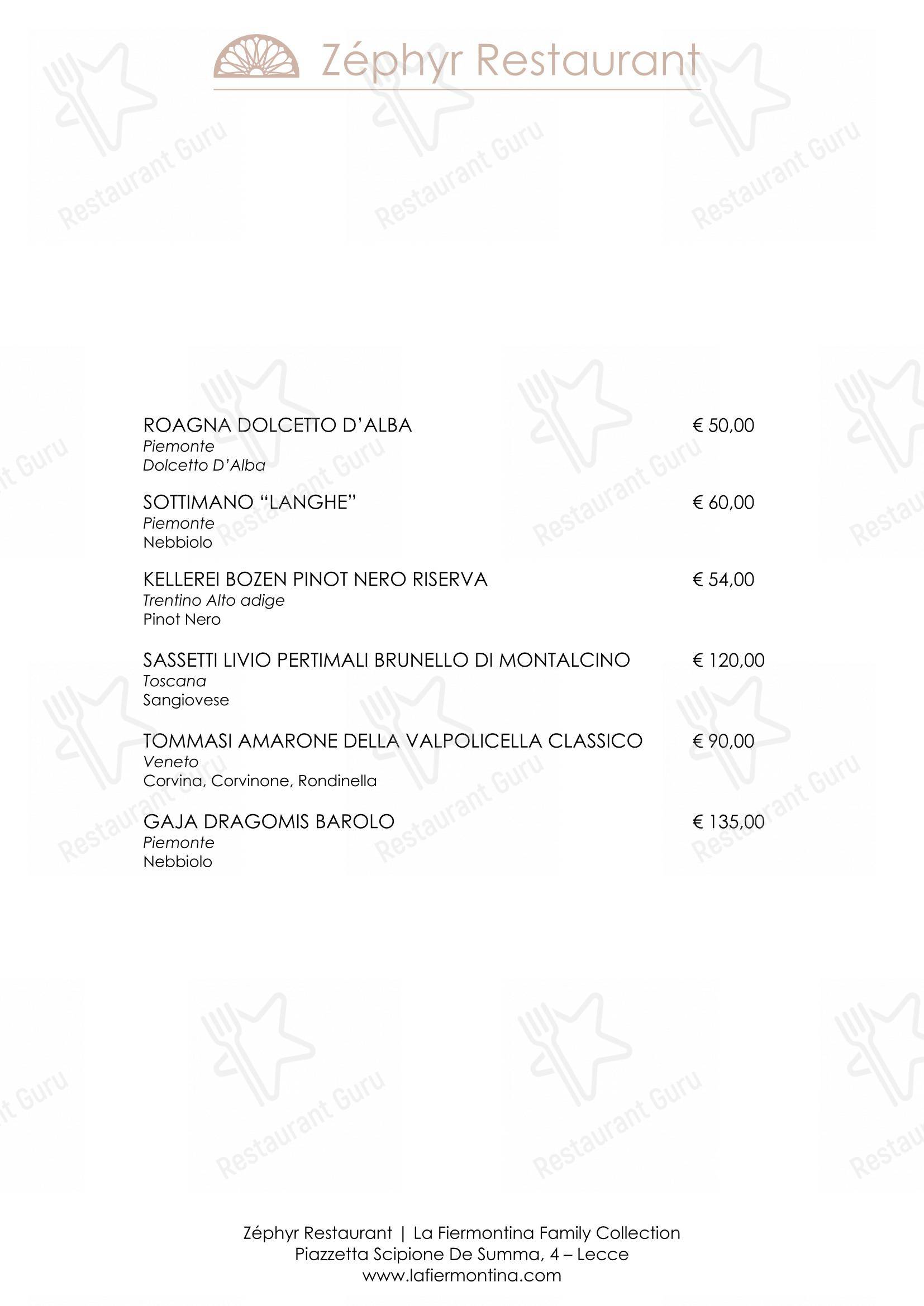 Zéphyr Restaurant in Lecce - Menu