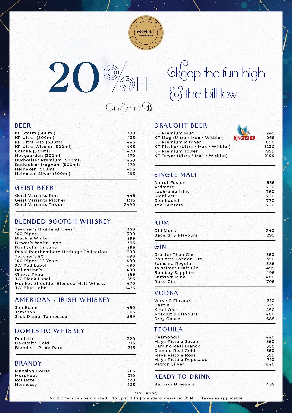 Zodiac Bar & Kitchen menu