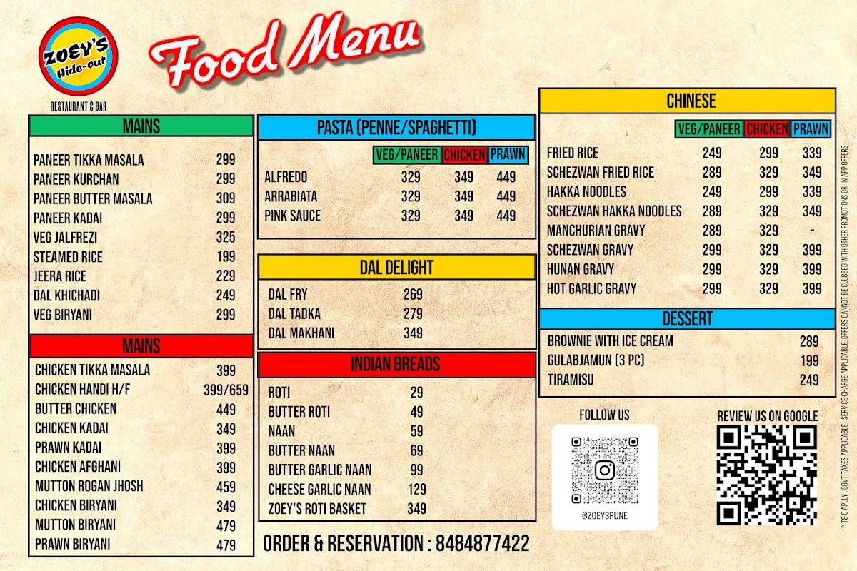 Zoey's Hideout - Restaurant & Bar menu