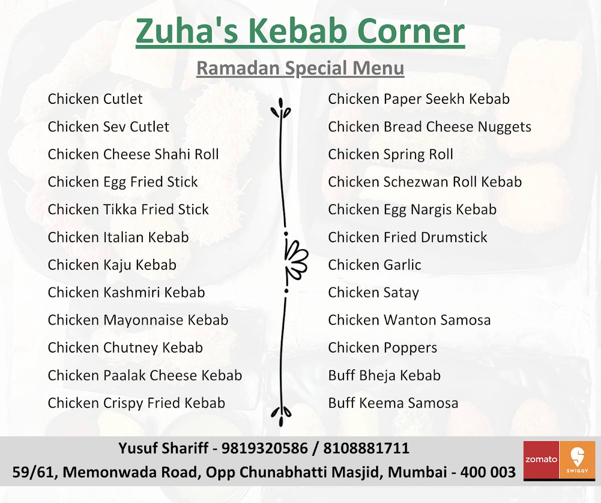 Zuha's Kebab Corner menu