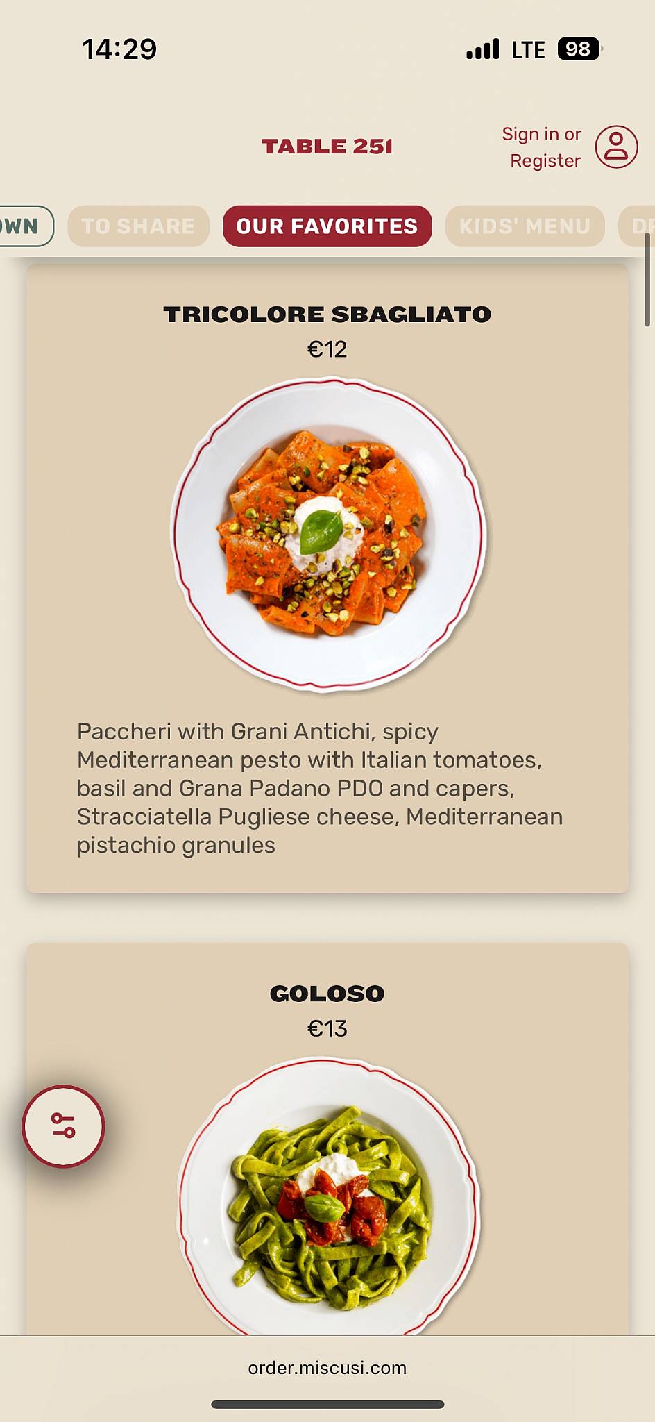 Menu di miscusi pasta fresca - Milano Centrale 