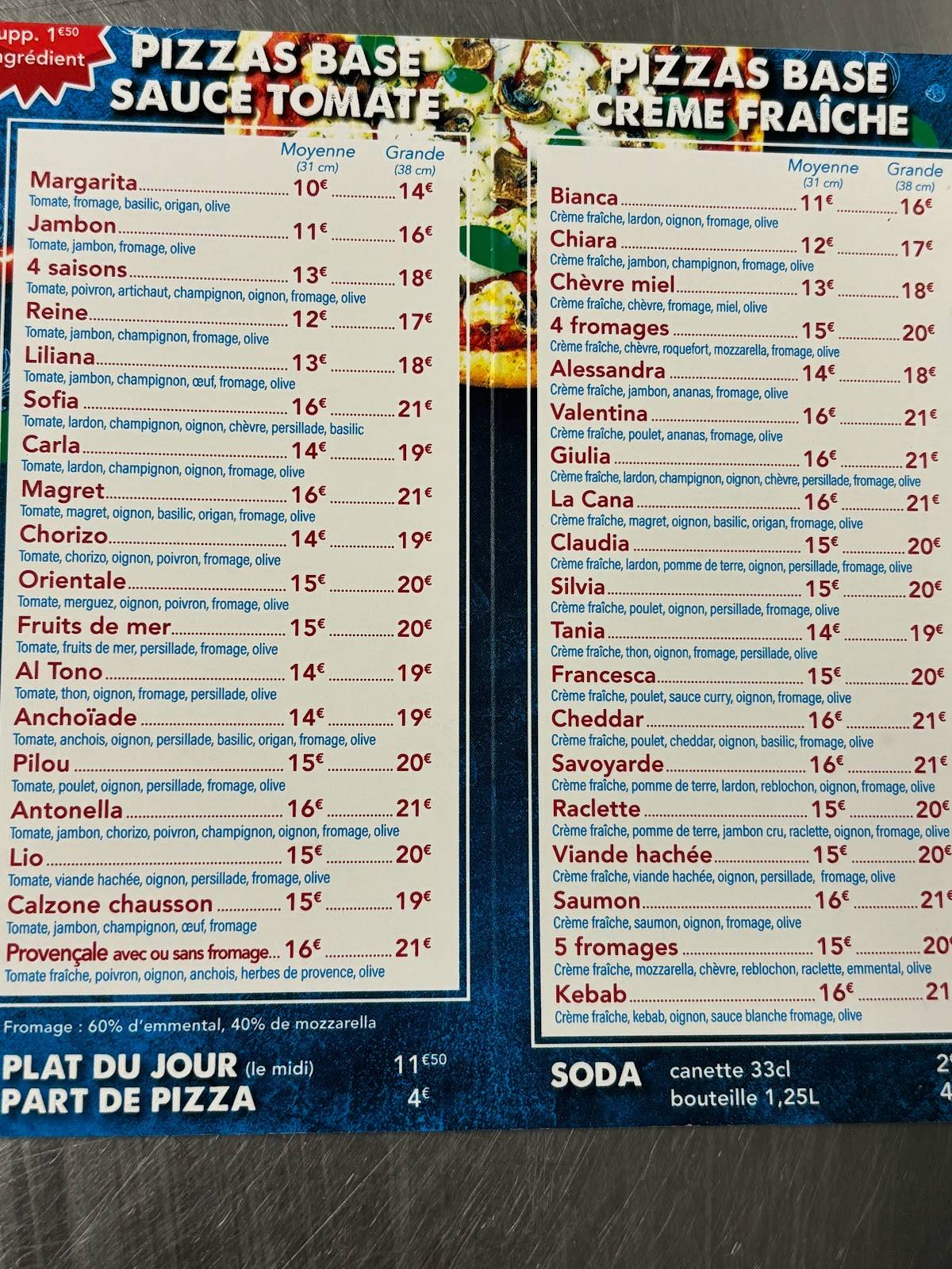 Menu de pizzeria EMILIO