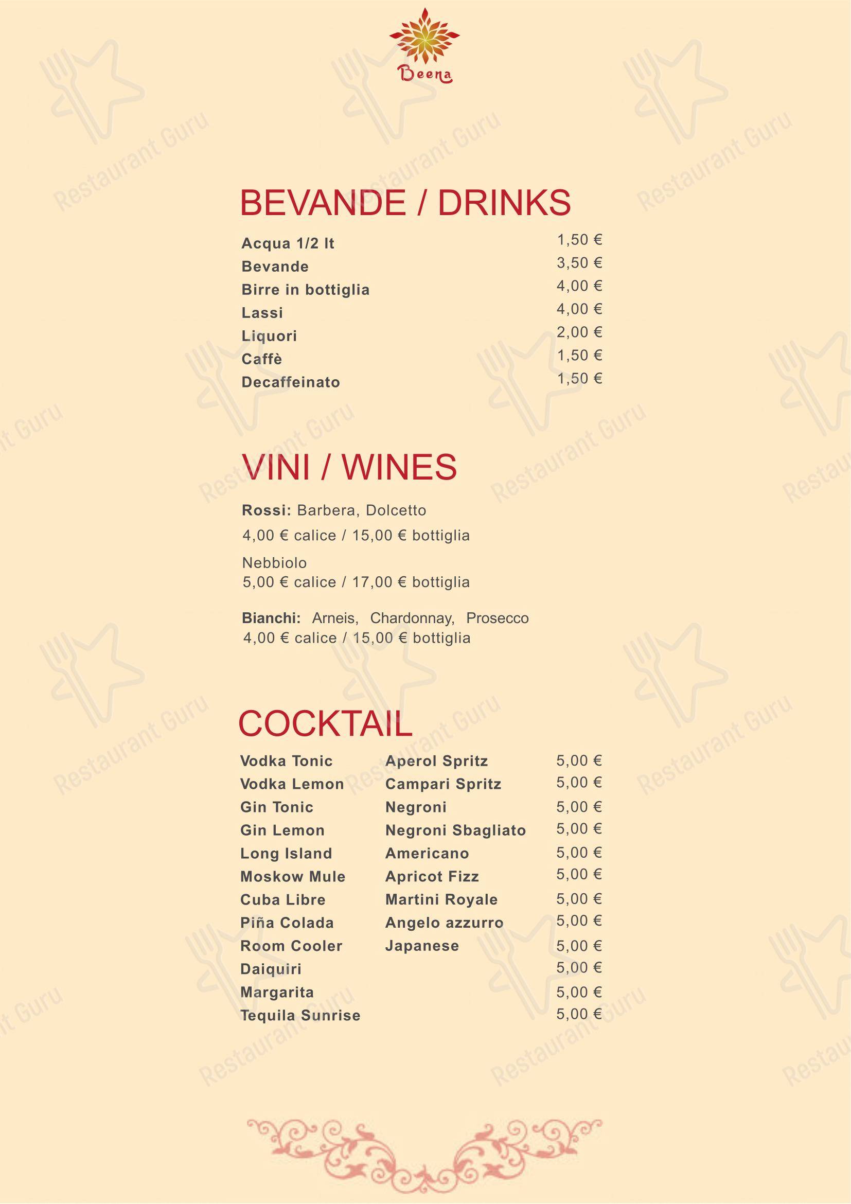 Menu per Beena Apericena Indiano ristorante