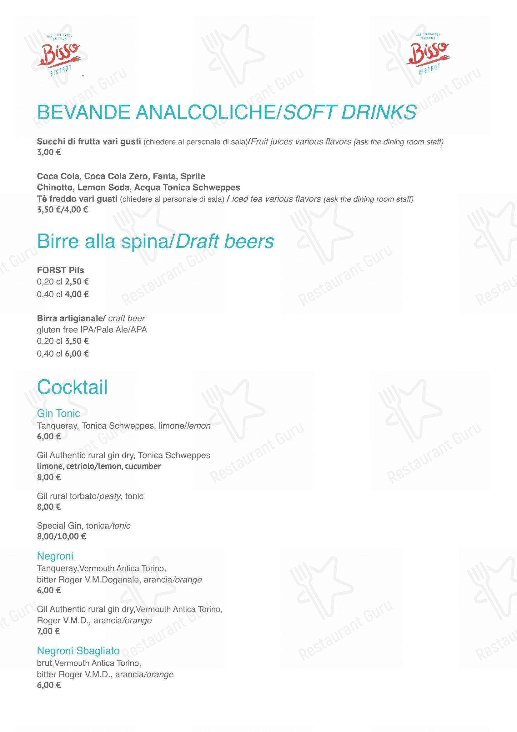 Menu per Bisso Bistrot Quattro Canti in Palermo