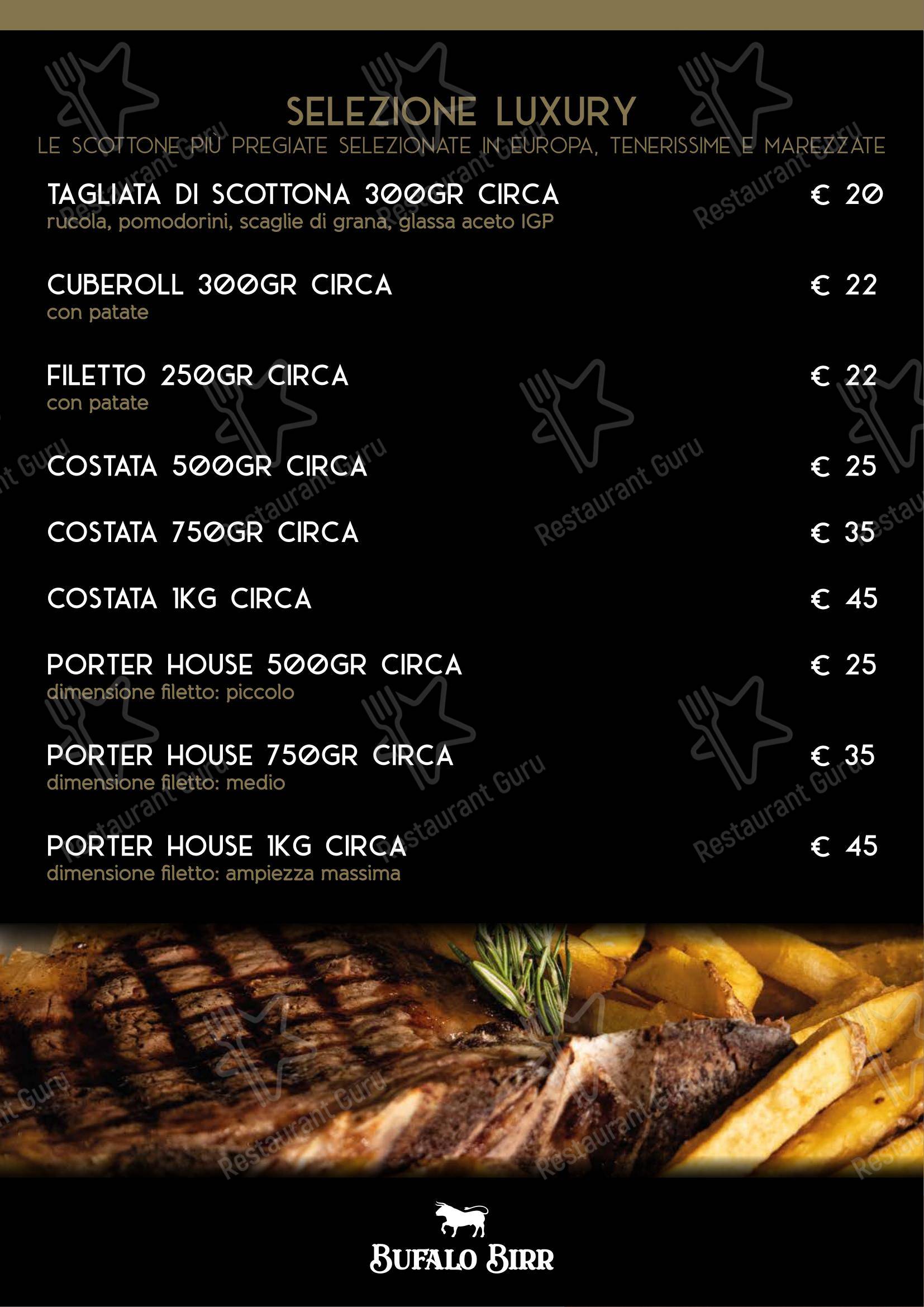 Menu di Bufalo Birr Steakhouse di Carni Pregiate - Menu